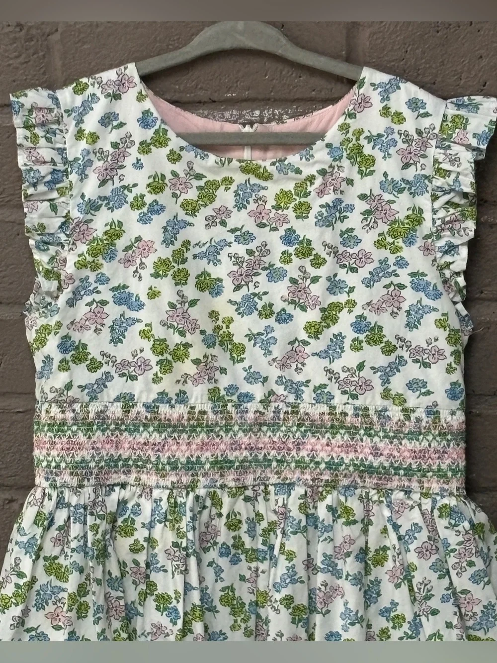 Mini Boden White Floral  Floral Tiered Dress with Pink, Blue & Green 8-9 yrs